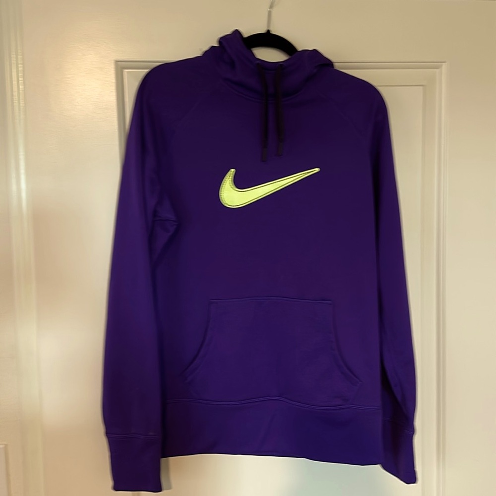 Nike hoodie sweatshirt purple size L with a neon yellow swoosh